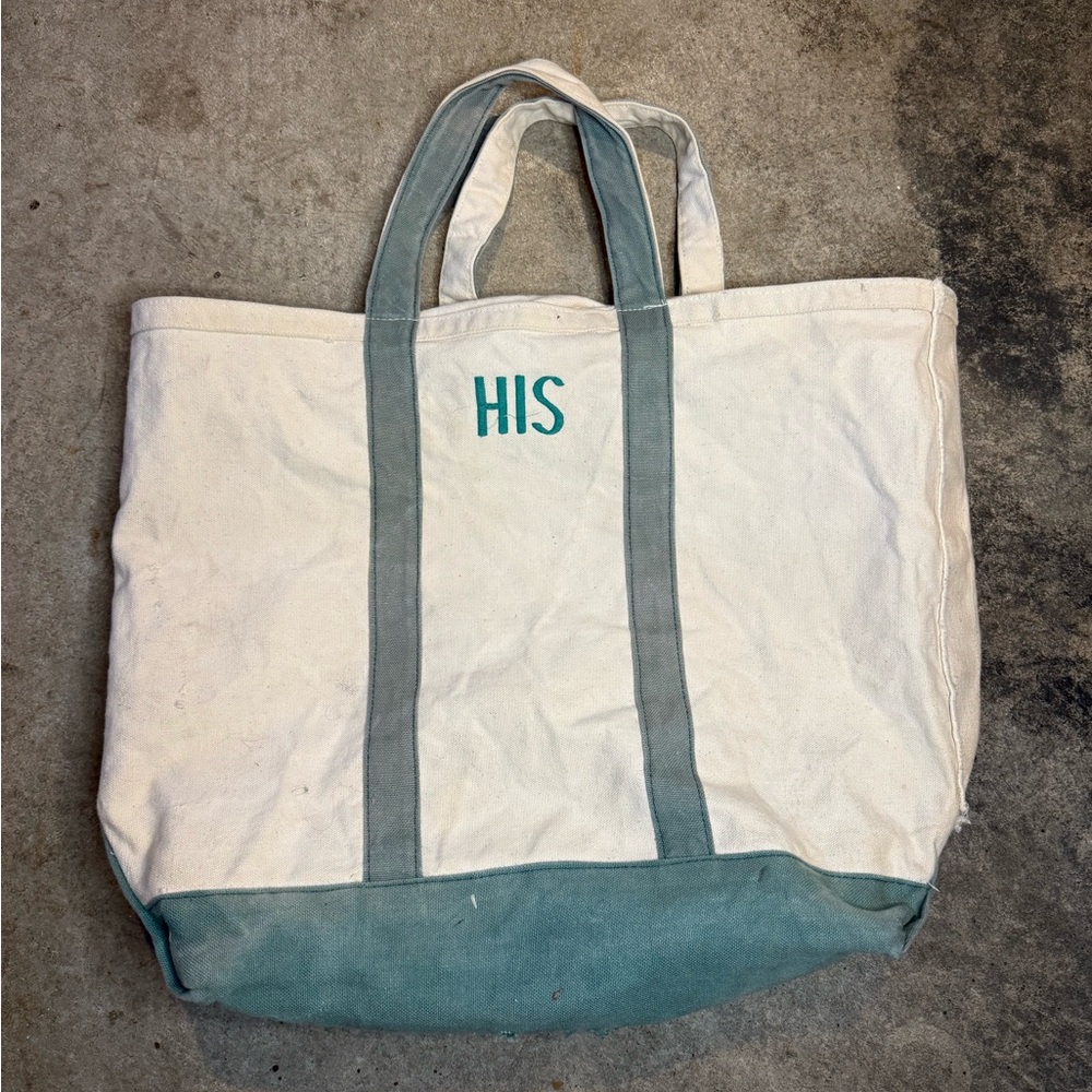 Canvas Tote Bag “His” Enbroidered with Washed Green Handles